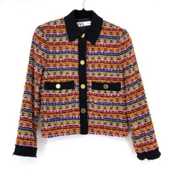 Zara Jackets & Blazers - Zara Rainbow Tweed Cropped Blazer with Gold Tone Buttons XS